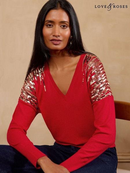 אדום - Love & Roses Sequin Detail Batwing Style V-neck Long Sleeve Knitted Top