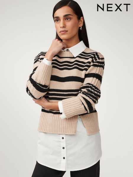 Neutral Brown Stripe Long Sleeve Shirt Layer Jumper (328924) | €19.50