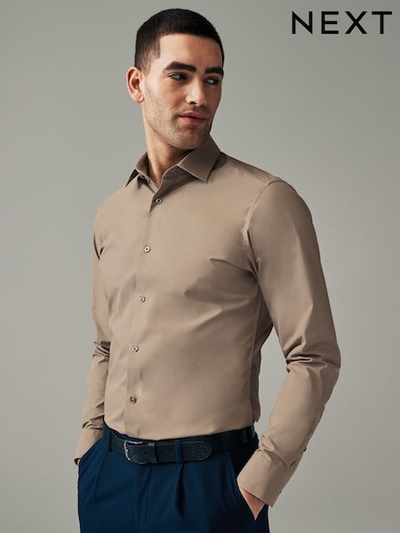 Neutral Brown Slim Fit Easy Care Single Cuff Shirt (329591) | €6