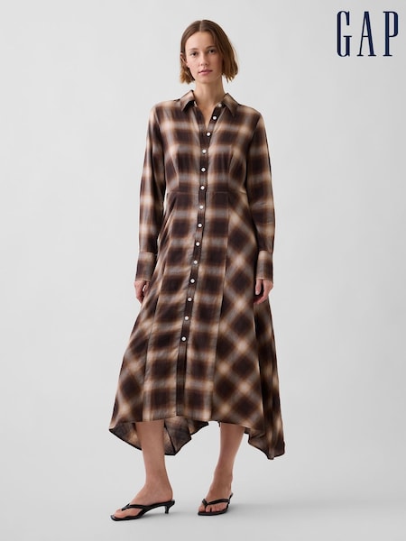 Brown - Gap Check Maxi Shirt Dress