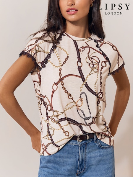 Cream Chain Printed - Lipsy Cap Sleeve Scallop Trim Detail T-shirt