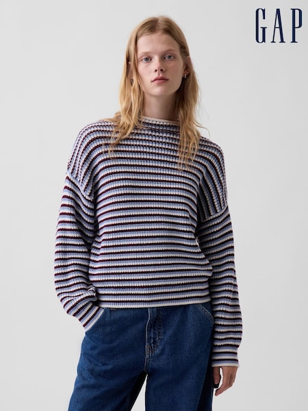 Blue & Burgundy Red Stripe - Gap Överdimensionerad rullad Jumper