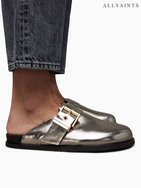 AllSaints Silver Venus Shearling Mules (331692) | AED579