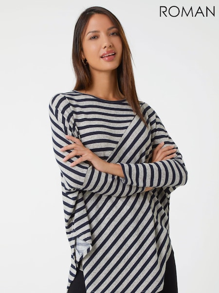 Roman Grey Contrast Stripe Stretch Jersey Top (331710) | €18.50