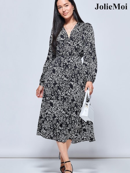 Jolie Moi Crepe Wrap Long Sleeve Black Midi Dress (332160) | € 25