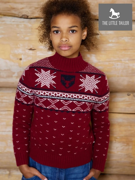 Red - The Little Tailor Wool Blend Reindeer Motif Turtle Neck Christmas Jumper