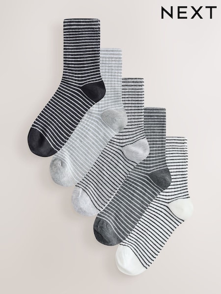 Black/Grey Sparkle - Stripe Ankle Socks 5 Pack