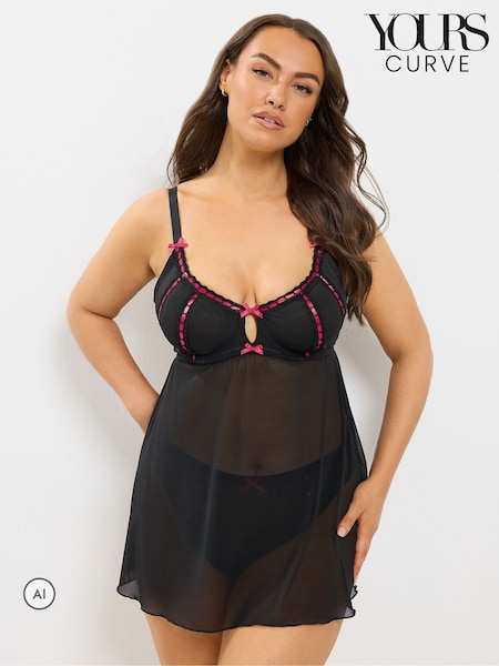 Black - Yours Curve Ribbon Mesh Babydoll