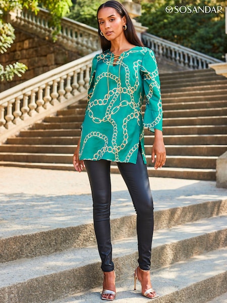 Sosandar Green Chain Print Lace Front Longline Tunic Top (334179) | €62