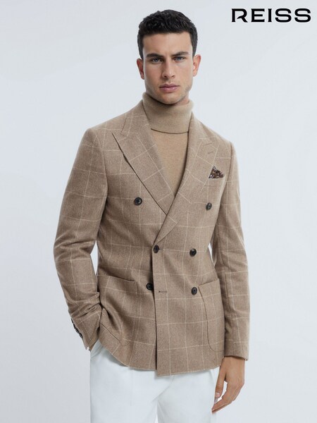 Reiss Oatmeal Alessio Atelier Italian Wool-Cashmere Slim Fit Double Breasted Check Blazer (334446) | AED4,065