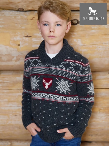 Grey - The Little Tailor Wool Blend Reindeer Motif Turtle Neck Christmas Jumper