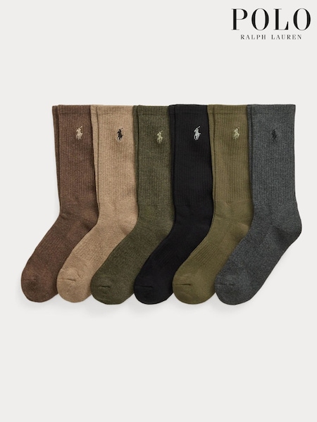Brun - Regular Polo Ralph Lauren Performance Crew Socks 6 Pack
