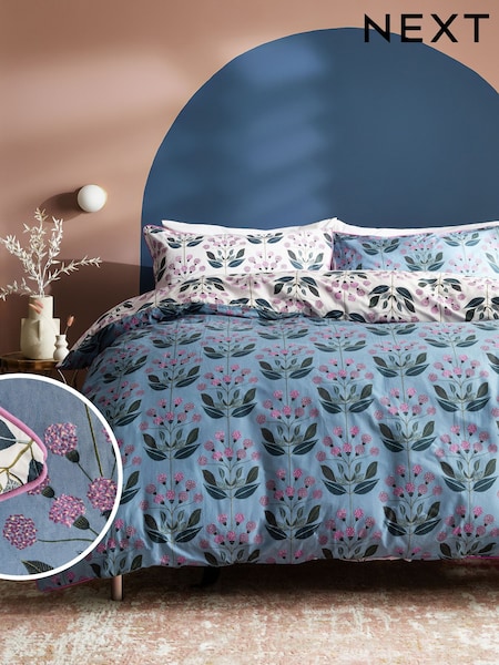 Blue 100% Cotton Reversible Floral with Pipe Edge Duvet Cover and Pillowcase Set (335343) | R$ 245 - R$ 540