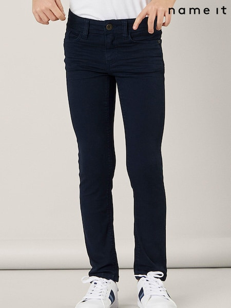 Blue - Name It Slim Fit Cotton Twill Chino Trousers With Adjustable Waist (335394) | 91 LEI