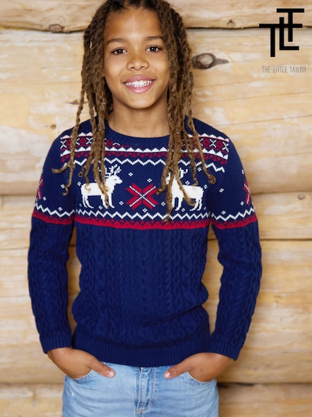 Blue - The Little Tailor Christmas Reindeer Fairisle Pattern Jumper