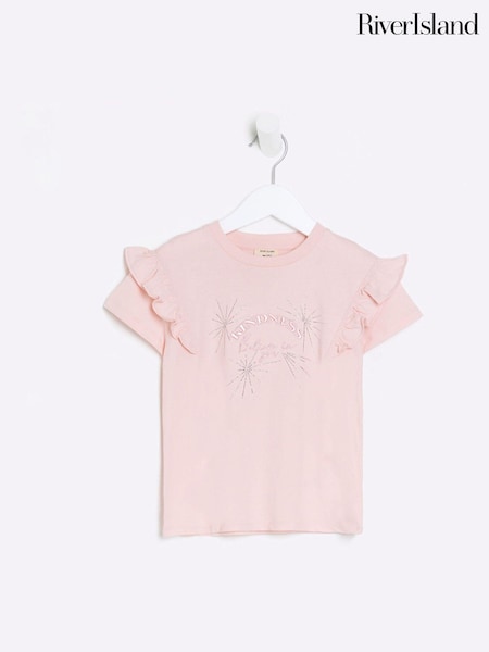 River Island Pink Girls Frill Sleeve Kindness T-Shirt (336133) | €6