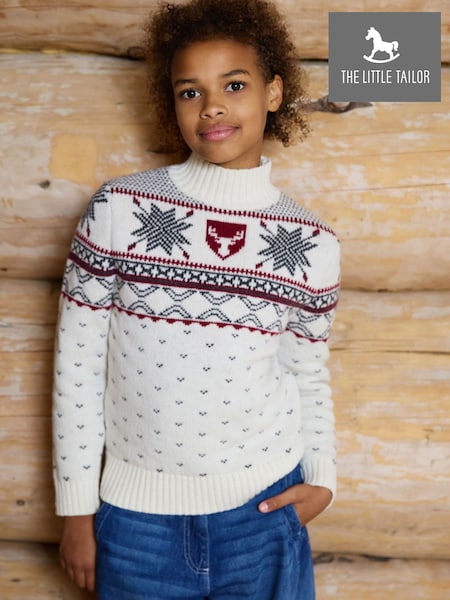 Cream - The Little Tailor Wool Blend Reindeer Motif Turtle Neck Christmas Jumper