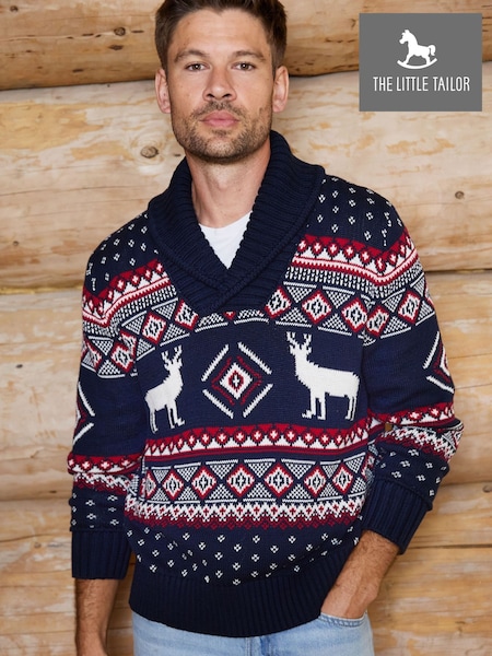 Bleu - Regular The Little Tailor Premium Cotton Reindeer Shawl Neck Christmas Jumper