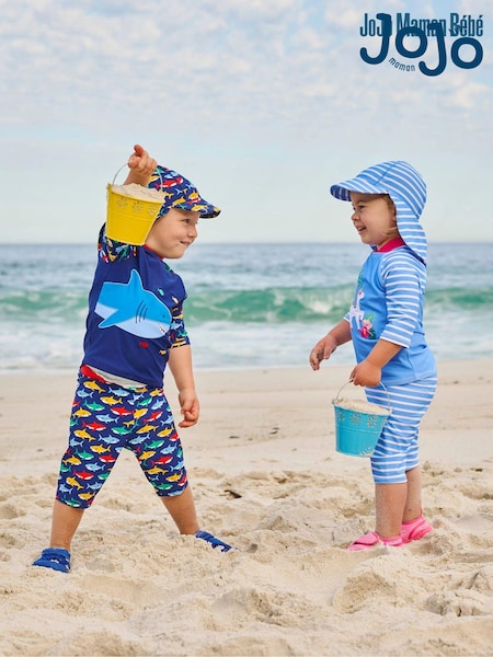 JoJo Maman Bébé Cornflower Kids' Stripe Flap Sun Protection Hat (337238) | €18.50