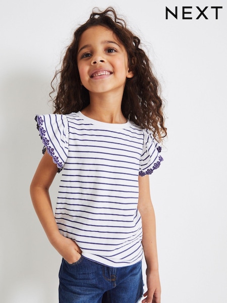 Navy Blue/White Broderie Frill Sleeve T-Shirt (3-16yrs) (337603) | € 4 - € 7