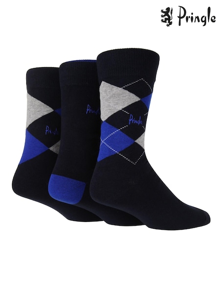Pringle Blue Traditional Argyle 3 Pack Pattern Socks (337650) | 48 QAR