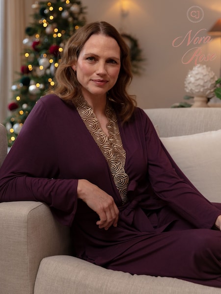 Morado - Nora Rose Jersey Antique Gold Lace Detail Long Dressing Gown