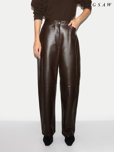Brown - Jigsaw Leather Barrel Leg Trousers