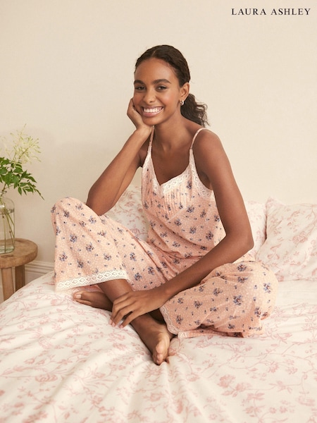 Laura Ashley Orange Wilmcote Print Textured 100% Cotton Lace Insert Cami and Trousers Pyjamas (339198) | €30