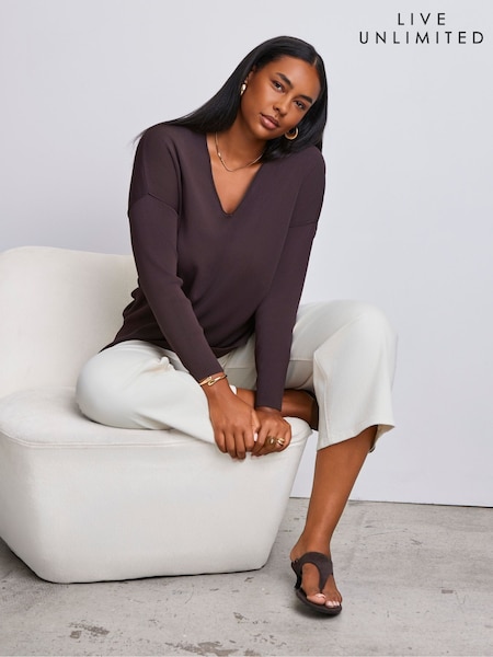 Brown - Live Unlimited Ribbed Detail V-neck Jumper