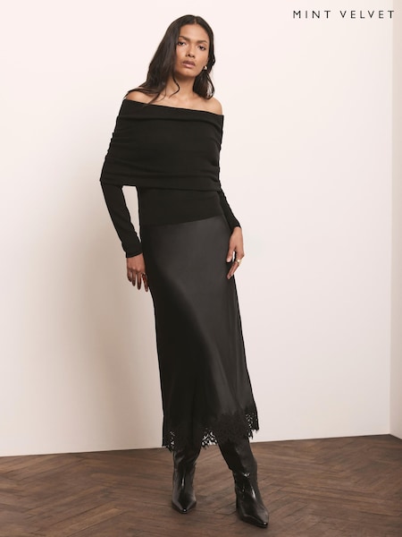 Black - Mint Velvet Satin Lace Maxi Skirt