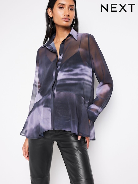 Blue/Black Abstract Printed Flutter Hem Long Sleeve Blouse (341348) | €22