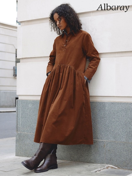 חום - Albaray Baby Cord Midi Dress
