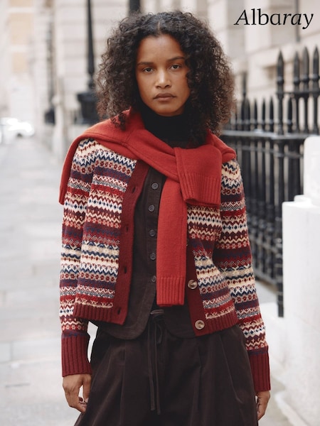 Red - Albaray Fair Isle Crew Neck Cardigan