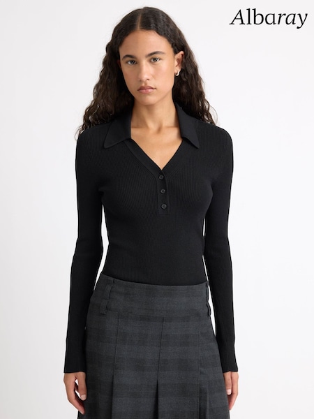 Black - Albaray Rib V-neck Long Sleeve Top