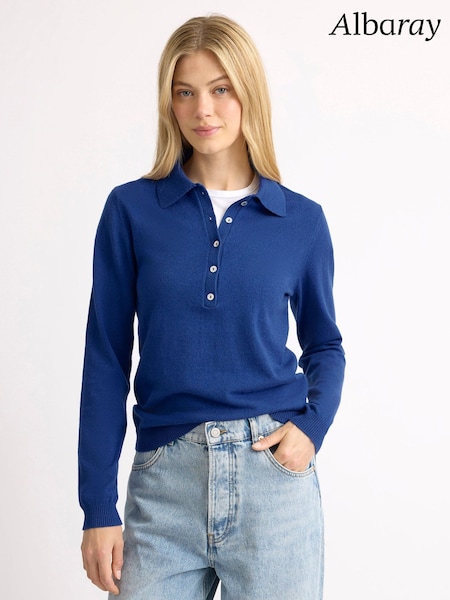 Blue - Albaray Fine Knit Long Sleeve Polo Colbolt Jumpers