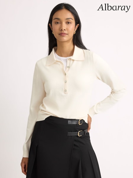 Cream - Albaray Fine Knit Long Sleeve Polo Jumper