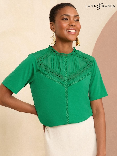 Love & Roses Lace Trim High Neck Jersey Blouse (342052) | 103 LEI