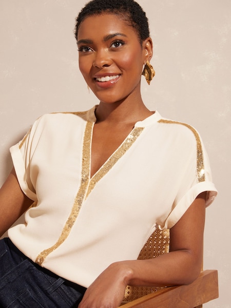 Love & Roses Sequin V Neck Roll Sleeve Blouse (342094) | €24