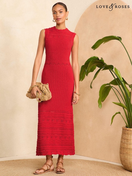 Love & Roses Sleeveless Crochet Stitch Knitted Midi Dress (342393) | 175 LEI