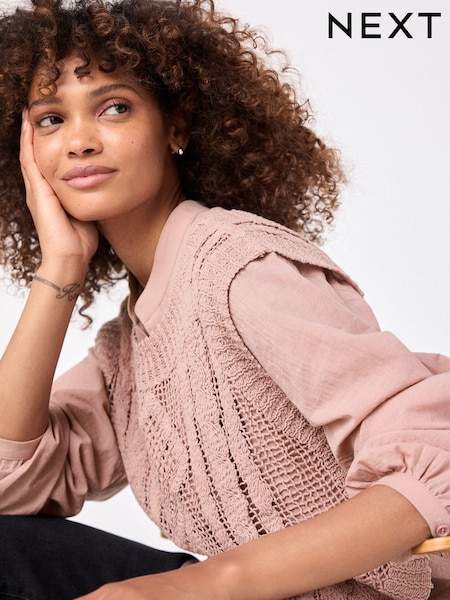 Blush Pink 2-in-1 100% Cotton Open Stitch Knitted Tank and Shirt Layer Jumper (343231) | €14