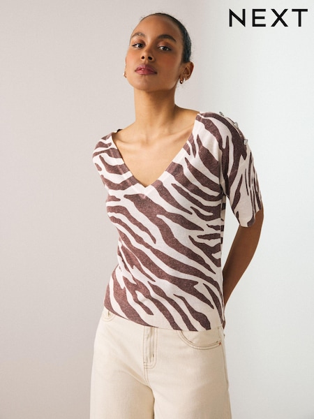 Brown and White Zebra Animal V-Neck Gem Button Linen T-Shirt (343368) | €16