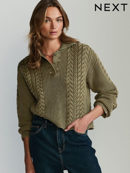 Khaki Green Knitted Polo Neck 100% Cotton Top (343701) | €28