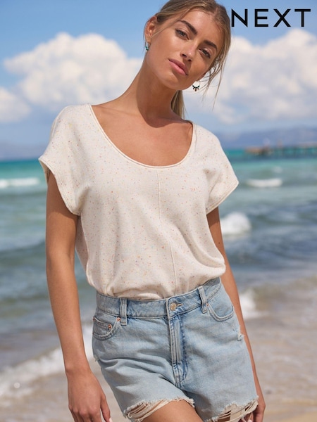 Ecru Cream Scoop Neck Knitted Short Sleeve T-Shirt (343802) | €14