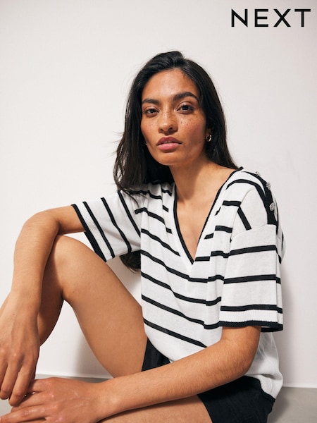 Black/White V-Neck Gem Button Linen T-Shirt (343889) | €15