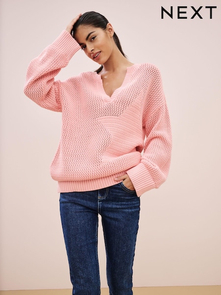 Pink V-Neck Stitch Detail Star 100% Cotton Jumper (344292) | €13