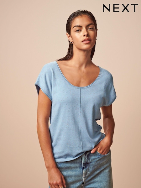Chambray Blue Scoop Neck Knitted Short Sleeve T-Shirt (344389) | €14