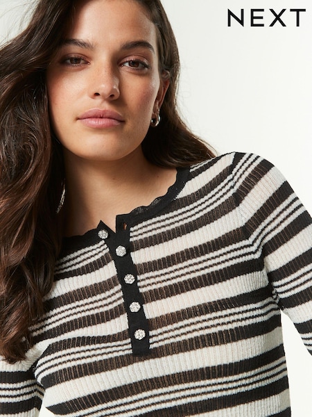 Black and White Stripe Sheer Gem Button Knitted Top (344604) | €14.50