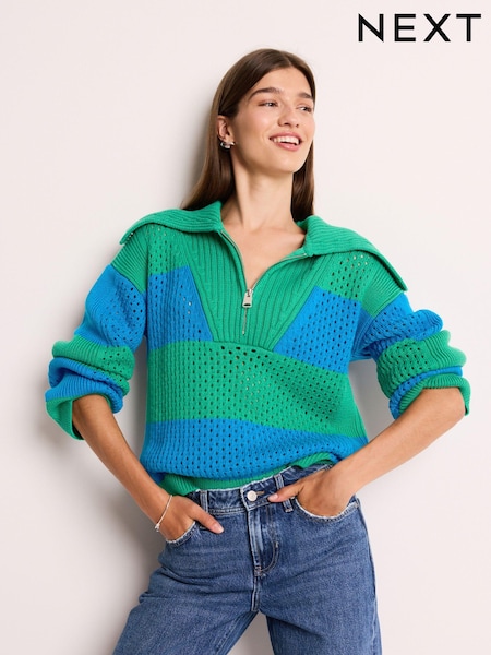 Bright Green and Blue Stripe Open Stitch Mesh Zip Neck Collar Jumper (344614) | €19