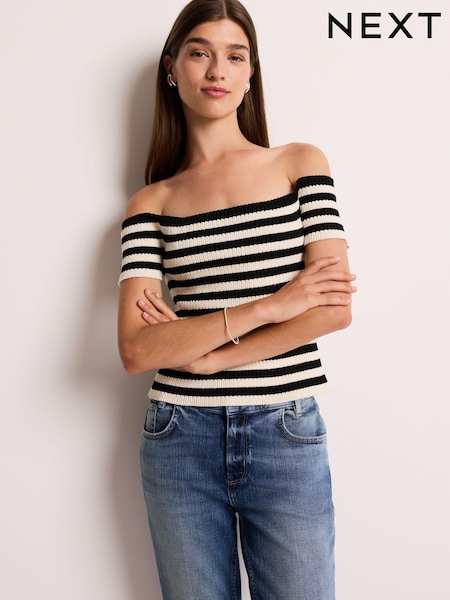 White and Black Stripe Short Sleeve Ribbed Knitted Bardot Top (344680) | AED26