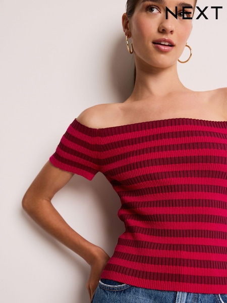 Red Stripe Short Sleeve Ribbed Knitted Bardot Top (344688) | €15